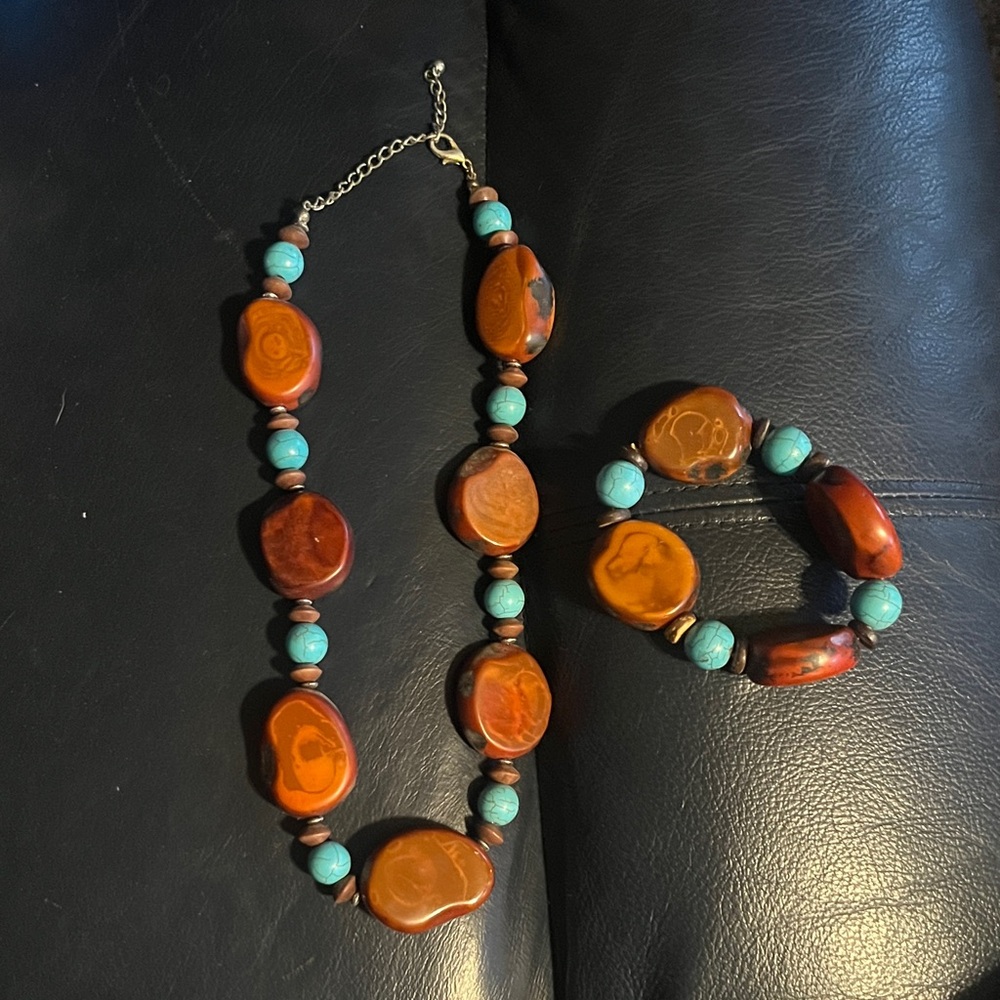 Turquoise and Amber Necklace and Bracelet Set